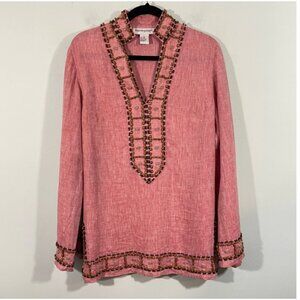 Vintage NWT Bloomingdale's Red Linen Beaded Embellished Tunic Blouse Top, sz PL